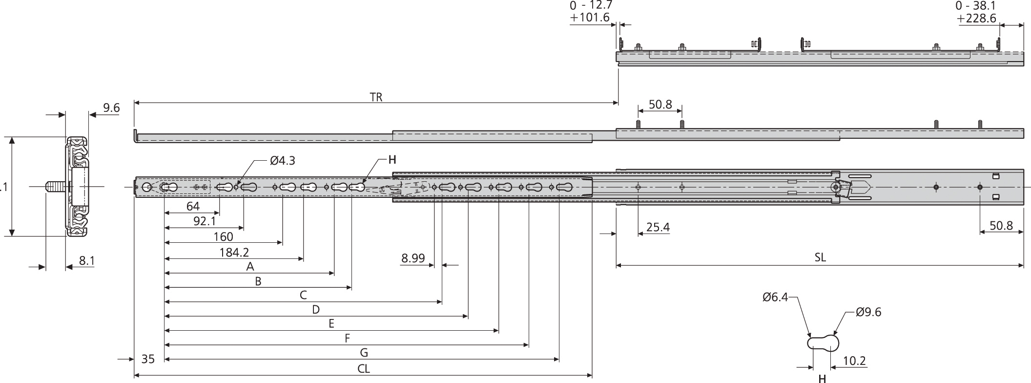 Accuride DZ2907-0024WB-2 Teleskopschienen 100% Überauszug, 9,6x41,1, SL 635, TR 660, 55kg, hell verzinkt  !!! AUSLAUFARTIKEL !!! - 2907 WB Accuride Teleskopschiene technische Zeichn