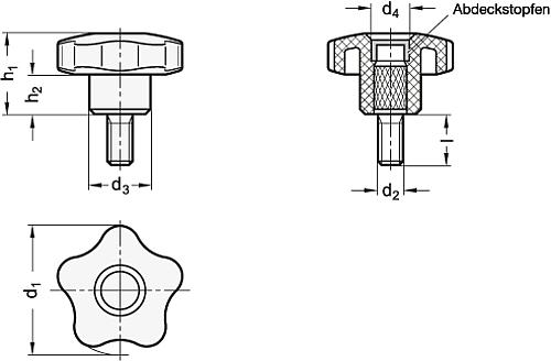 Ganter 5337.2-84-M16-70 Sterngriffschrauben, Kunststoff, Schraube Stahl - GN 5337-2 Sterngriffschrauben - Kunststoff - Schraube Stahl-Skizze