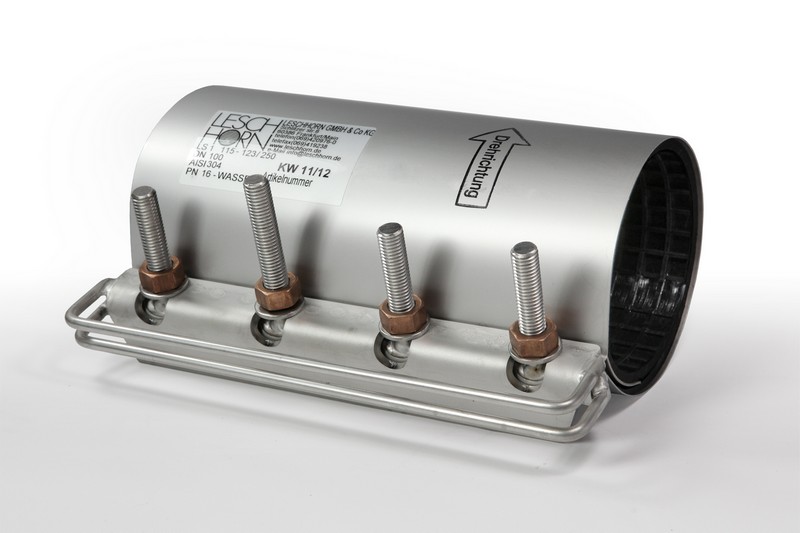 LE70032 LS1-H-108-118-300-EPDM-A4  Reparaturschellen einteilig mit Doppelgriff, verlängerten mittleren Bolzen ca 30 mm Spannbereich 108-118, BL 300, Dichtung: EPDM, Dichtung EPDM, Material: Gehäuse, Bolzen und Mutter 1.4404 (V4A) - LS 1H Leschhorn einteilige Schelle mit Haltegriff