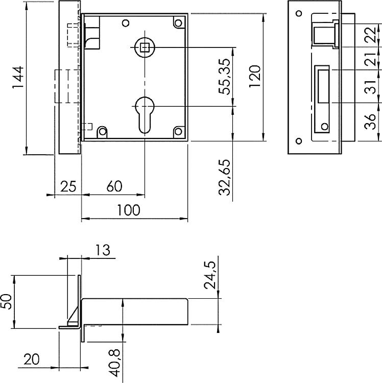 AMF 21ZW L Schweres Auswärtsschloss, Kastenbreite: 100 mm, Schließung: PZW, Dorn: 60 mm - LE 21 R Schweres Auswaertsschloss-Skizze
