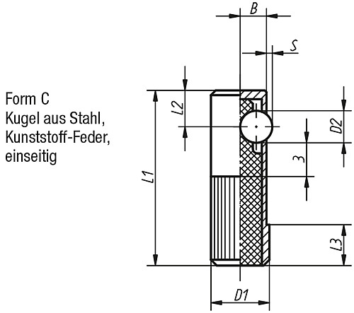 Kipp K0374.410 FEDERNDES SEITENDRUCKSTÜCK FORM C, D1=10, L1=30 - KIPP K0374-C Federnde Seitendruckstuecke - Form C
