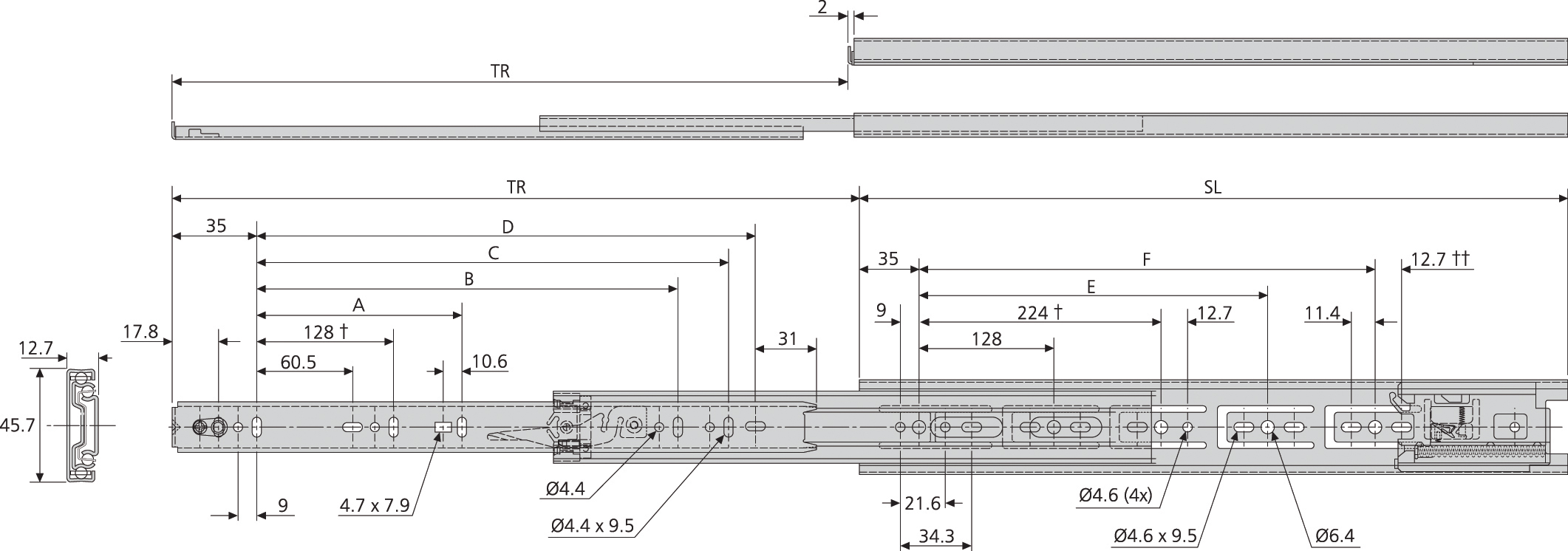 Accuride DB3832-0015 Teleskopschienen 100% Vollauszug, 12,7x45,7, SL 148,TR 140, 39kg, schwarz verzinkt - 3832 TR Accuride Teleskopschiene technische Zeichn