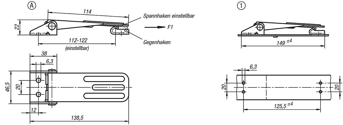 Kipp K0048.1631392 SPANNVERSCHLUSS EINSTELLBAR, FORM A, EDELSTAHL - K0048-SVA Spannverschluesse einstellbar Anschraubbohrungen sichtbar Form A - Massblatt