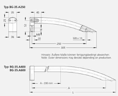 Leschhorn BG-35.A250.9003A Bogengriff, Antibakteriell, A=250, L=305, Aluminium - LE BG antibakterielle Buegelgriff Serie - Massblatt