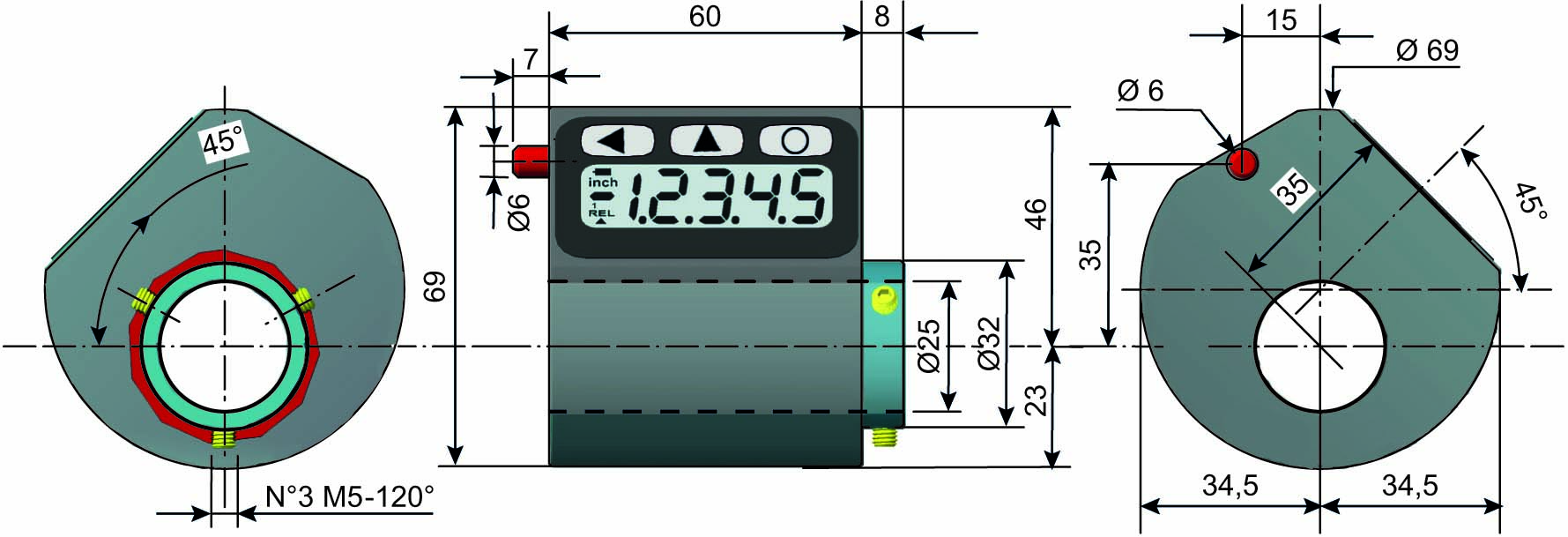 Fiama EP9L-A-F25 Elektronische Positionsanzeige, programmierbar, digital und präzise,  A: Horizontaler Antrieb, rechte Montage, Hohlwelle 25mm Gehäuse Aluminium, schwarz eloxiert, batteriebetrieben - Fiama EP9L Elektronische Positionsanzeige, programmierbar, digital und praezise_Massblatt