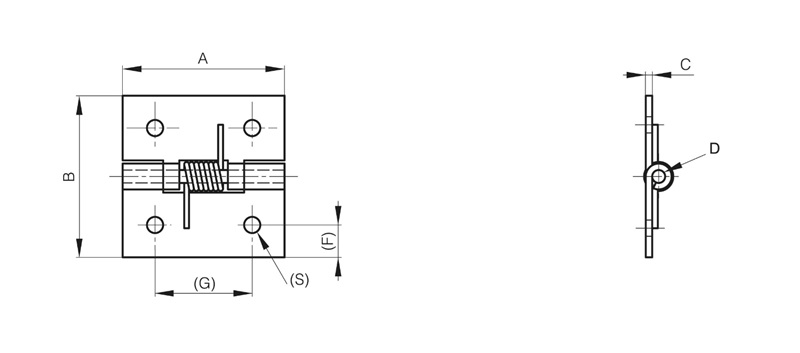 Leschhorn 71-1-3519 Federscharniere A= 50mm, B= 50mm, C= 2mm, Ausführung Feder: öffnend, Material Grundkörper: Stahl, verzinkt - LE 71-1-3500 Federscharniere 50mm-Skizze
