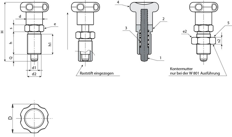 Leschhorn W800C Rastbolzen ohne Rastsperre D 27; H 54; d2 M12x1,5; d1 06; s 6; - Boteco W800C Rastbolzen ohne Rastsperre