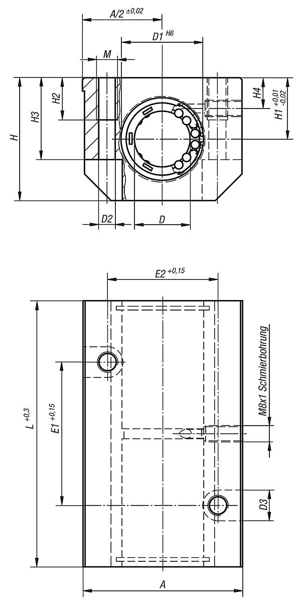 Norelem 21540-161002 LINEARGEHÄUSEEINHEIT D=16, TANDEM, MIT KUGELLAGER 21510 1602 - NLM 21540 Lineargehaeuseeinheiten  Tandem - geschlossen - Massblatt