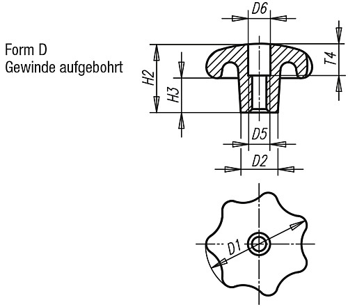 Kipp K0151.406 STERNGRIFF GG, FORM D, D1=32, D5=M6 - KIPP K0151-D Sterngriffe DIN 6336 aus Grauguss - Fo