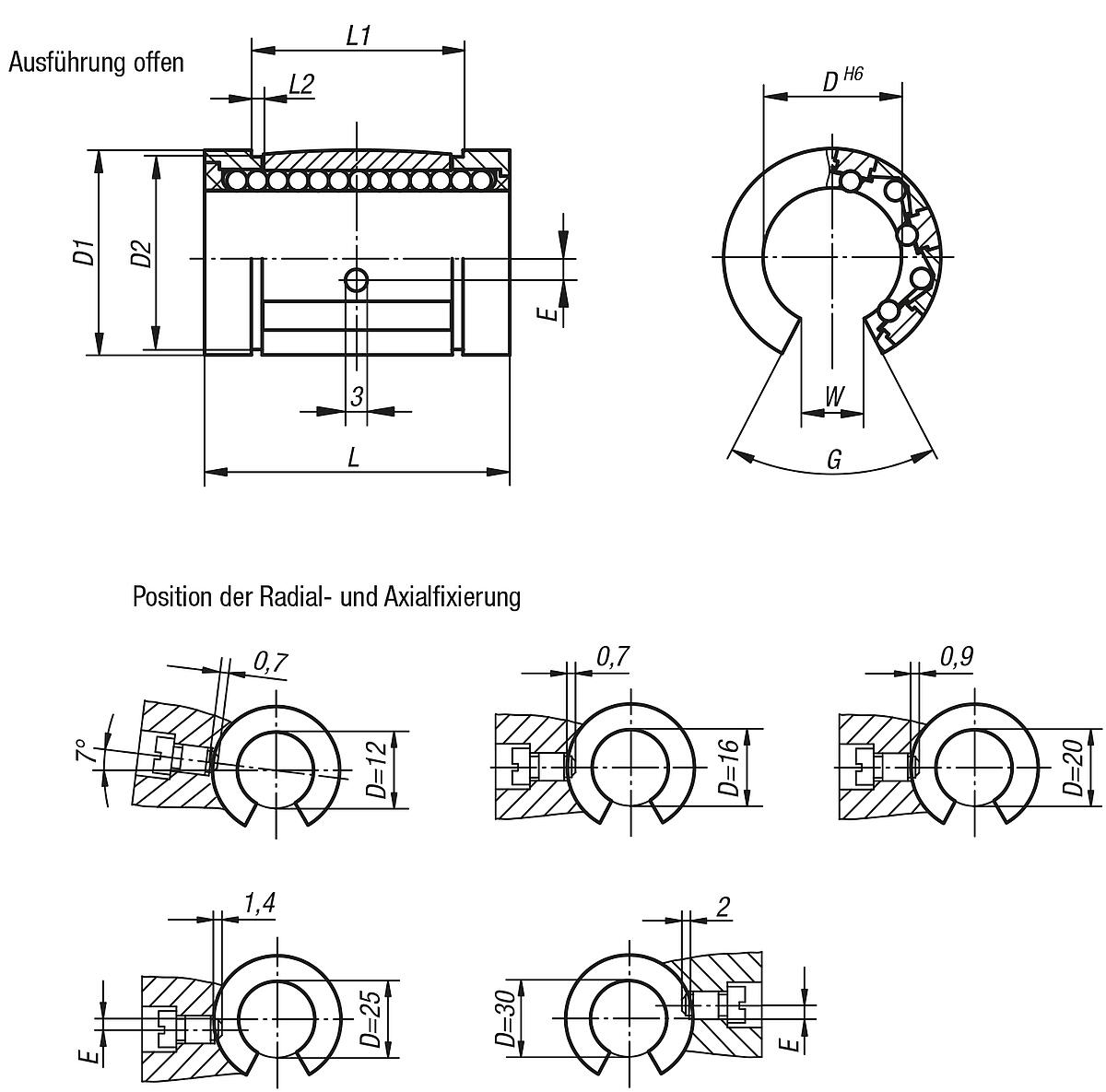 Norelem 21510-1212 LINEARKUGELLAGER OFFEN D=12, MIT WINKELFEHLERAUSGLEICH - NLM 21510-AO Linearkugellager mit Winkelfehlerausgleich - offen - Massblatt