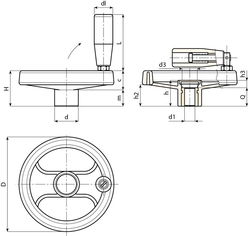 Leschhorn D208 Umleggriff-Handräder D 99; d 28; Bohrung d1 10; Kunststoff PA, schwarz - Boteco D208 Umleggriff-Handraeder