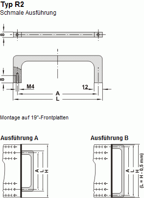 Leschhorn R2-08.120.04   Profil-Aluminium Bügelgriffe 19" Technik A 120,  schmale Ausführung 8 x 12 mm schwarz eloxiert - Leschhorn R Aluminium Buegelgriffe 19in Technik - Zeichnung Typ R2