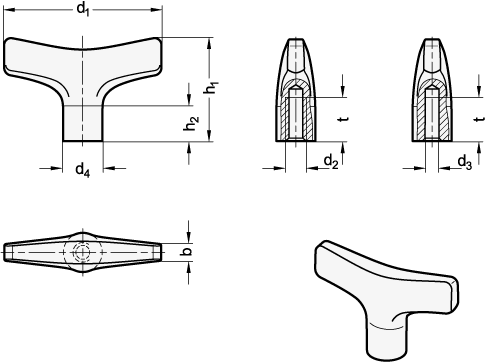 Ganter 5063-100-B12-PL  T-Griffe, Edelstahl, Griffdurchmesser d1: 100, Bohrung d3: B 12, Oberfläche: PL - poliert - GN 5063 T-Griffe - Edelstahl - Massblatt