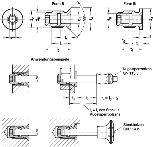 Ganter 1140-10-M20-B-NI  Aufnahmebuchsen, Edelstahl, für Kugelsperrbolzen / Steckbolzen, Durchmesser d1: 10, Gewinde d2: M 20, Form: B - mit Bund - GN 1140 Aufnahmebuchsen - Edelstahl - fuer Kugelsperrbolzen - Steckbolzen - Massblatt