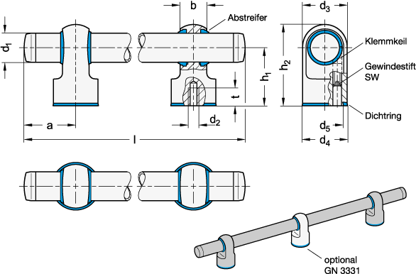 Ganter 3330-NI-30-300-MT-T  Rohrgriffe, Edelstahl, mit verschiebbaren Grifffüßen, Hygienic Design, Griffdurchmesser d1: 30, Länge l: 300, Oberfläche: MT - geschliffen, matt (Ra < 0,8 µm) - GN 3330 Rohrgriffe-Edelstahl-verschiebbaren Grifffuessen-Hygienic Design-Massblatt