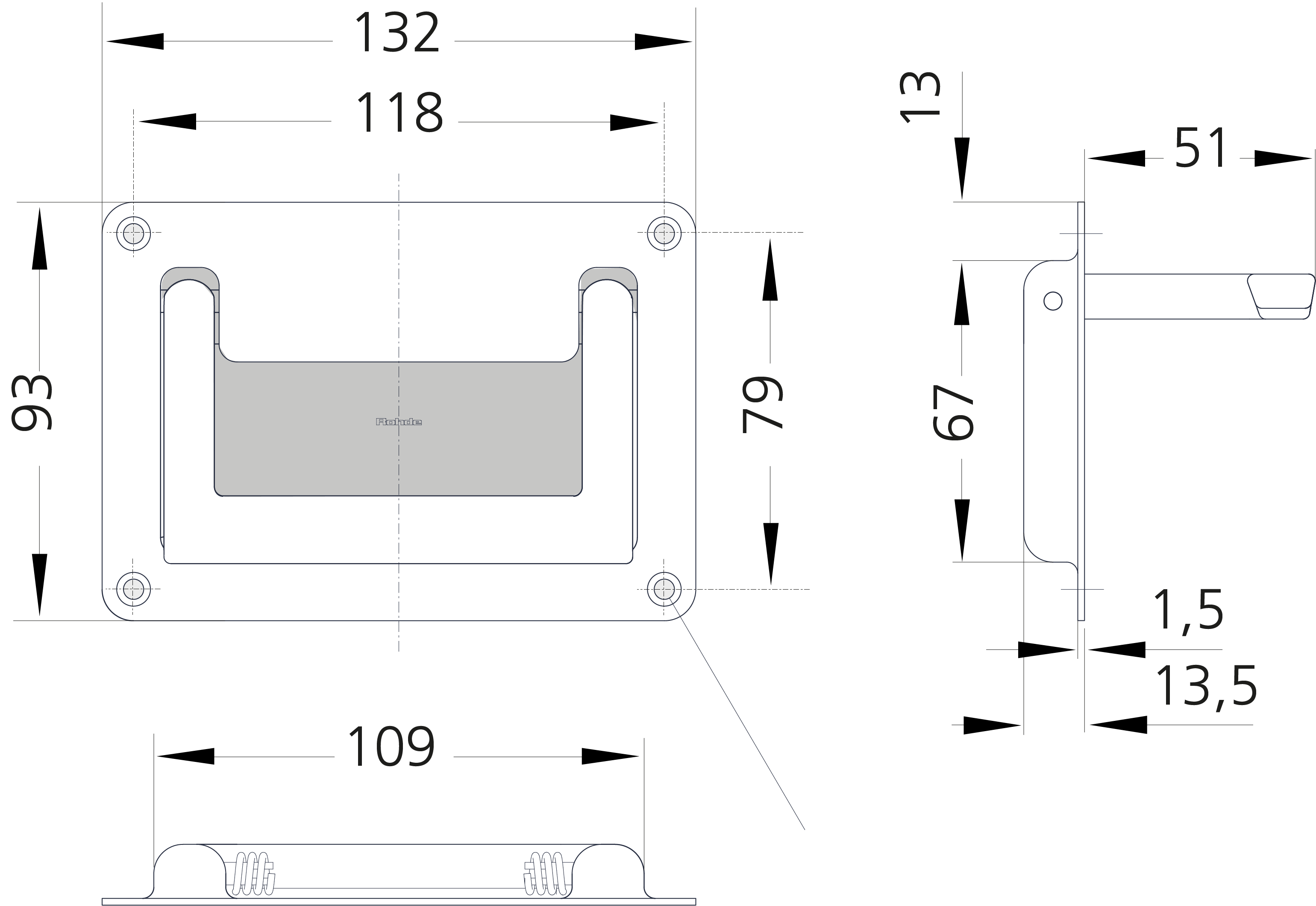 Leschhorn SWEE-03-118-A4   Edelstahl Klappgriffe A 118, Material: 1.4404, elektropoliert gebürstet - LE SWEE-03 Edelstahl Einbaugriffe seewasserbestaendig 1-4404 - Massblatt
