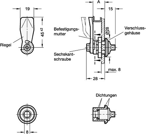 Ganter 115-AD7-10-A4 Verriegelungen, Edelstahl - GN-115-Verriegelungen-Edelstahl-Betaetigung-mit-Steckschluessel-Schutzart-IP-69k-Skizze
