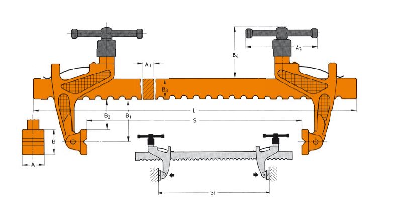 Leschhorn T290-84 Zahnstangen-Spanner Spannbereich 250-2100 mm, CARVER Haltekraft 5650N - 27000N  -- Überlänge Speditionsversand! - CARVER Zahnstangenspanner 2 bewegbare Spannbacken