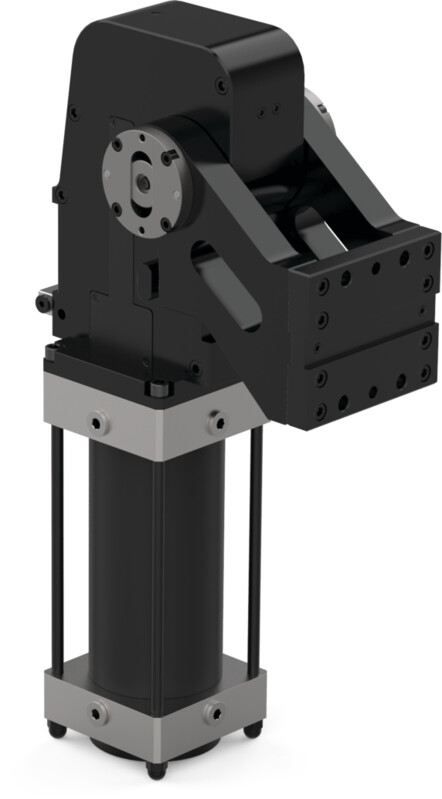 DESTACO RFM100.2-29OPXPGZ Schwenkeinheit, RCM - mit integrierter Verriegelung, Zylinder 100mm Bohrung, Öffnungswinkel 29°, O - horizontal, PX - Näherungsschalter: Links, P - Pepperl+Fuchs, G-Anschluss, Z - Anschluss, hinten - DESTACO RCM - RFM-Serie Pneumatische Schwenkeinheiten - einstellbar - V - vertinkal