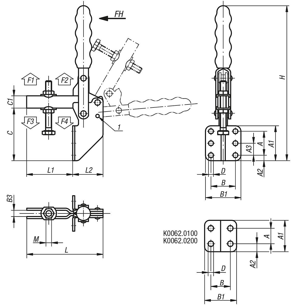 Kipp K0062.0100 SCHNELLSPANNER VERTIKAL, MIT WINKELFUSS, P=100 daN - K0062 Schnellspanner vertikal mit Winkelfuss und verstellbarer Andruckspindel - Massblatt