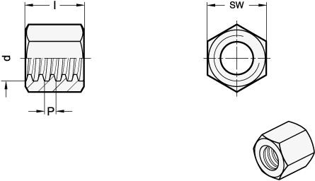 Ganter 103.2-10X2-RH-NI  Trapezgewindemuttern, Stahl / Edelstahl, eingängig, mit Sechskant, d x P: 10 x 2, Steigungsrichtung: RH - Rechtsgewinde, Länge l: 15 - GN 103-2 Trapezgewindemuttern - Stahl - Edelstahl - eingaengig - mit Sechskant - Massblatt