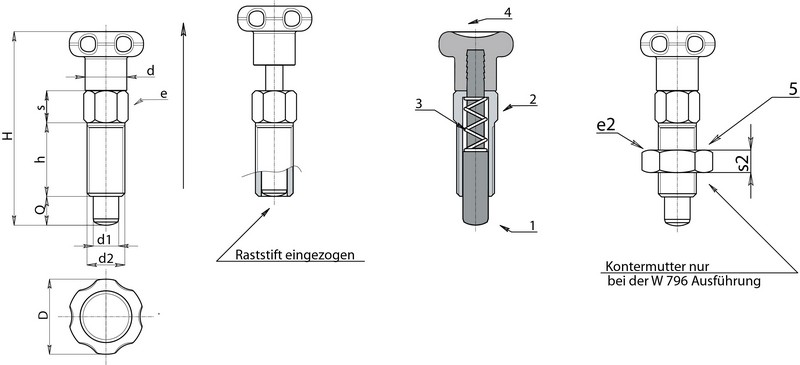 Leschhorn W796 Rastbolzen ohne Rastsperre D 22; H 52; d2 M10; d1 6; s2 6; - LE W796 Rastbolzen ohne Rastsperre-EcoLine-Massblatt