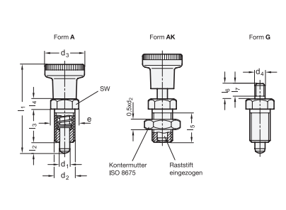 Ganter 617-5-AK-NI Edelstahl Rastbolzen, ohne Rastsperre - GN-617-Rastbolzen-Edelstahl-Kunststoff-Knopf-Skizze