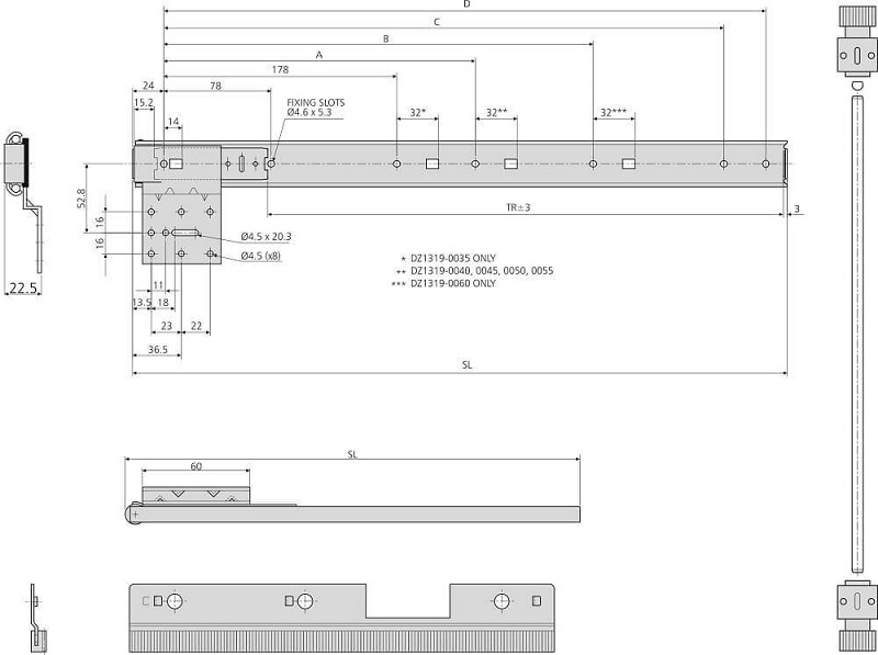 Accuride DZ1316-0035 Schiene für einschiebbare Türen, SL 350, hell verzinkt - Accuride DZ1316 Schiene fuer einschiebbare Tueren - bis 25 kg - Technische Zeichnung