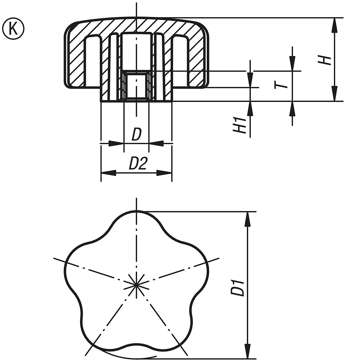 Kipp K0279.4005 ST FÜNFSTERNGRIFF, D3=40, M5 - K0279-IG Fuenfsterngriffe mit Innengewinde - Massblatt