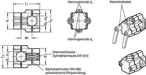 Ganter 134-B20-B20-50-2-BL KREUZ KLEMMVERBINDER - GN 134 Kreuz Klemmverbinder - mehrteilig - gleiche Bohrungsmasse-Skizze