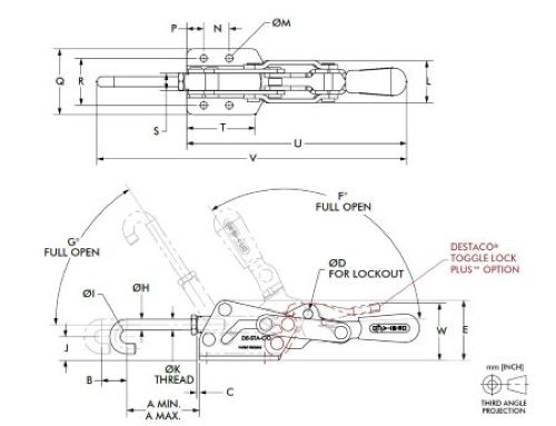 DESTACO 3031 Ösen-Verschlusss-Spanner, Spannweg 12,7mm, Stahl, Standard - 3031 Oesen-Verschluss-Spanner - Technische Zeichnung
