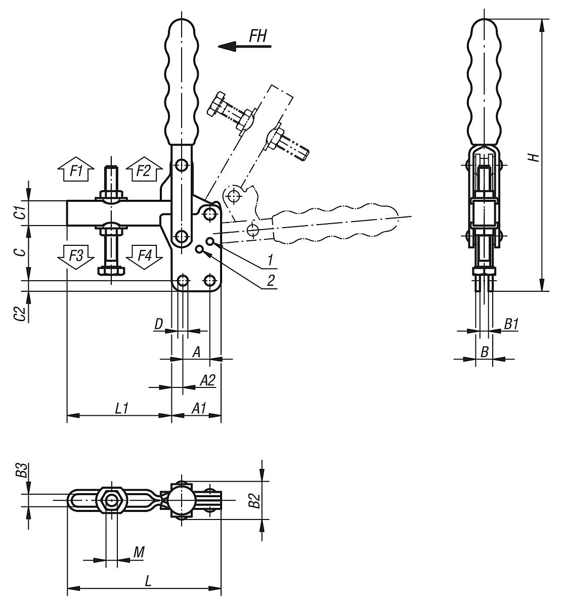 Kipp K0055.0350 SCHNELLSPANNER VERTIKAL, MIT SENKRECHTEM FUSS, P=350 daN - K0055 Schnellspanner vertikal mit senkrechtem Fuss und verstellbarer Andruckspindel -Massblatt