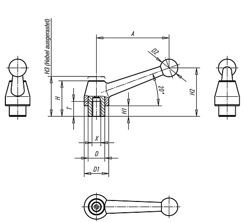 Kipp K0121.1108 STAHLKLEMMHEBEL GR.1  M8      EDELSTAHL - KIPP K0121 Klemmhebel Edelstahl mit Innengewinde