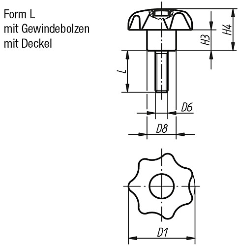 Norelem 06212-405X15 STERNGRIFF D1=25  M5X15       EDELSTAHL, FORM L, DECKEL  SCHWARZ - Norelem 06212-L Sterngriffe aehnlich DIN 6336 Stahlteile Edelstahl - Aussengewinde - Form L