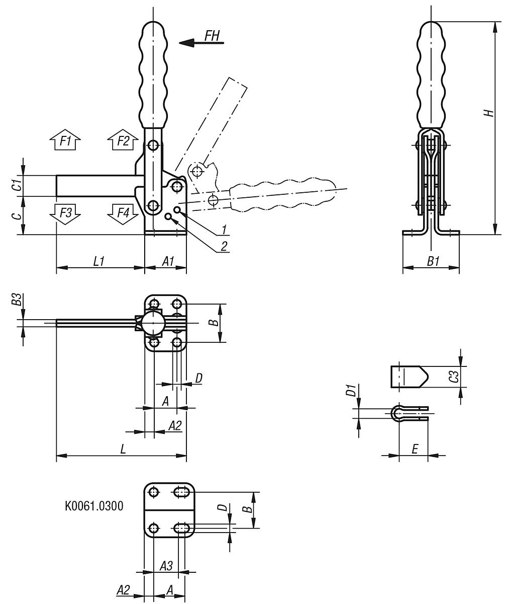 Kipp K0061.0550 SCHNELLSPANNER VERTIKAL, MIT WAAGRECHTEM FUSS, P=550 daN - K0061 Schnellspanner vertikal mit waagrechtem Fuss und vollem Haltearm - Massblatt