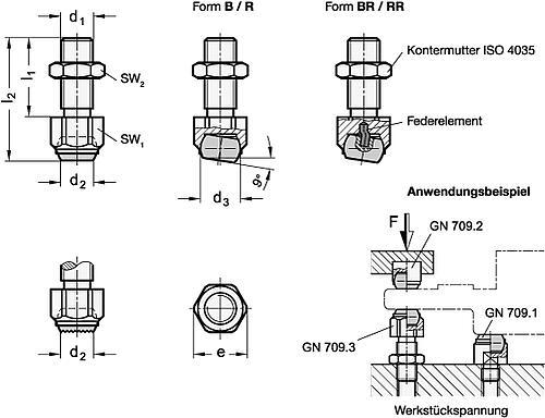 Ganter 709.3-13-M8-B PENDELELEMENT, EINSTELLBAR, DRUCKFLÄCHE PLAN - GN 709-3 Pendelelemente - einstellbar - Stahl-Skizze