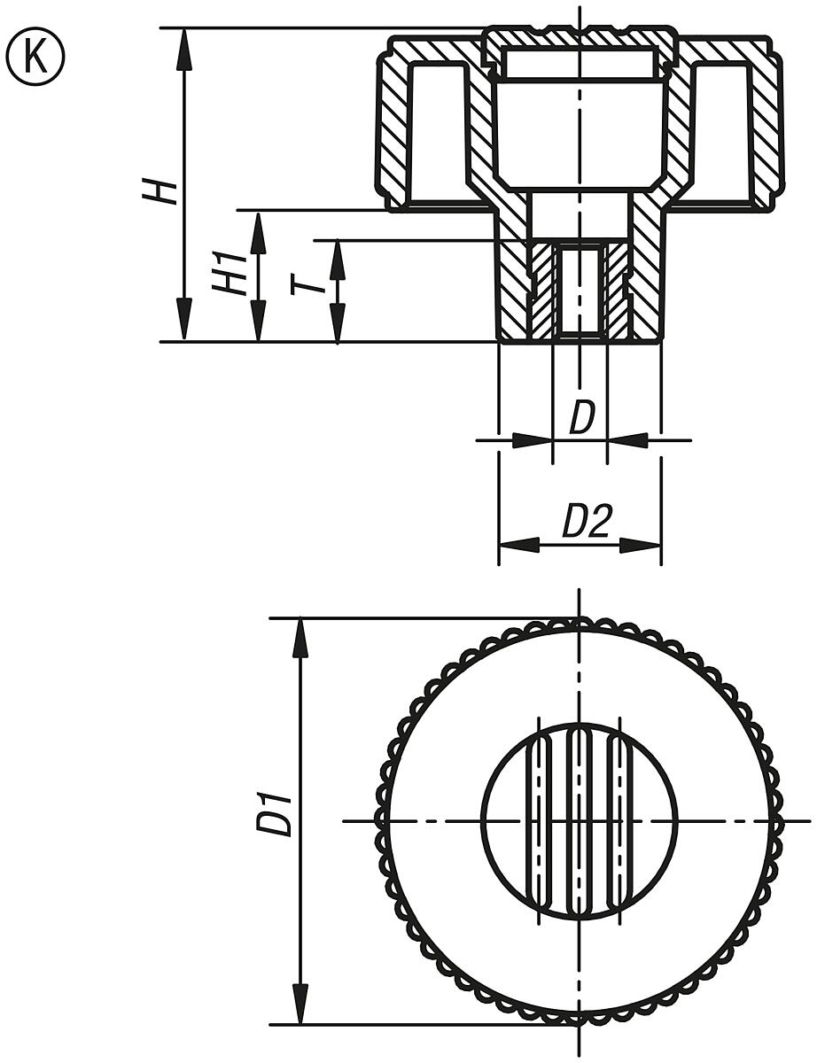 Kipp K0260.2210 NOVO.GRIP RÄNDELRAD  GR.2  FORM K, D=50  M10, DECKEL SCHWARZGRAU - K0260-K Raendelraeder mit Innengewinde - Form K - Massblatt