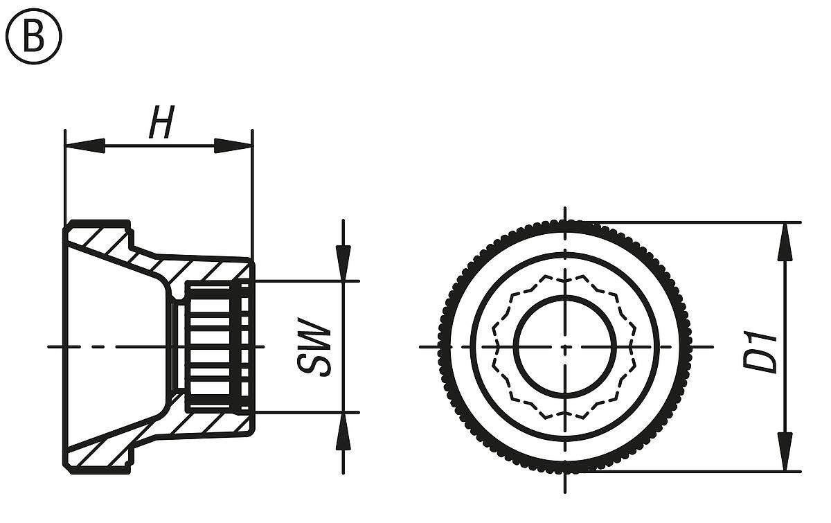 Norelem 06131-10100 RÄNDELKNOPF FÜR SECHSKANTSCHRAUBEN,D1=36 H=23, FORM:B POM, SCHWARZ, FÜR M10, SW=17 - NLM 06131 Raendelknoepfe fuer Schrauben mit Aussensechskant - Massblatt