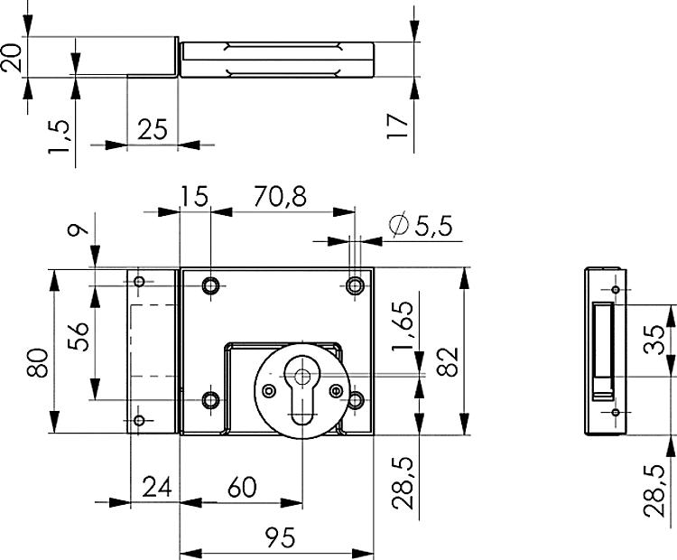 AMF 49B Riegelschloss mit Winkelschließblech, Kastenbreite: 95 mm, Schließung: B*, Dorn: 60 mm - LE 49 Riegelschloss mit Winkelschliessblech -Skizze