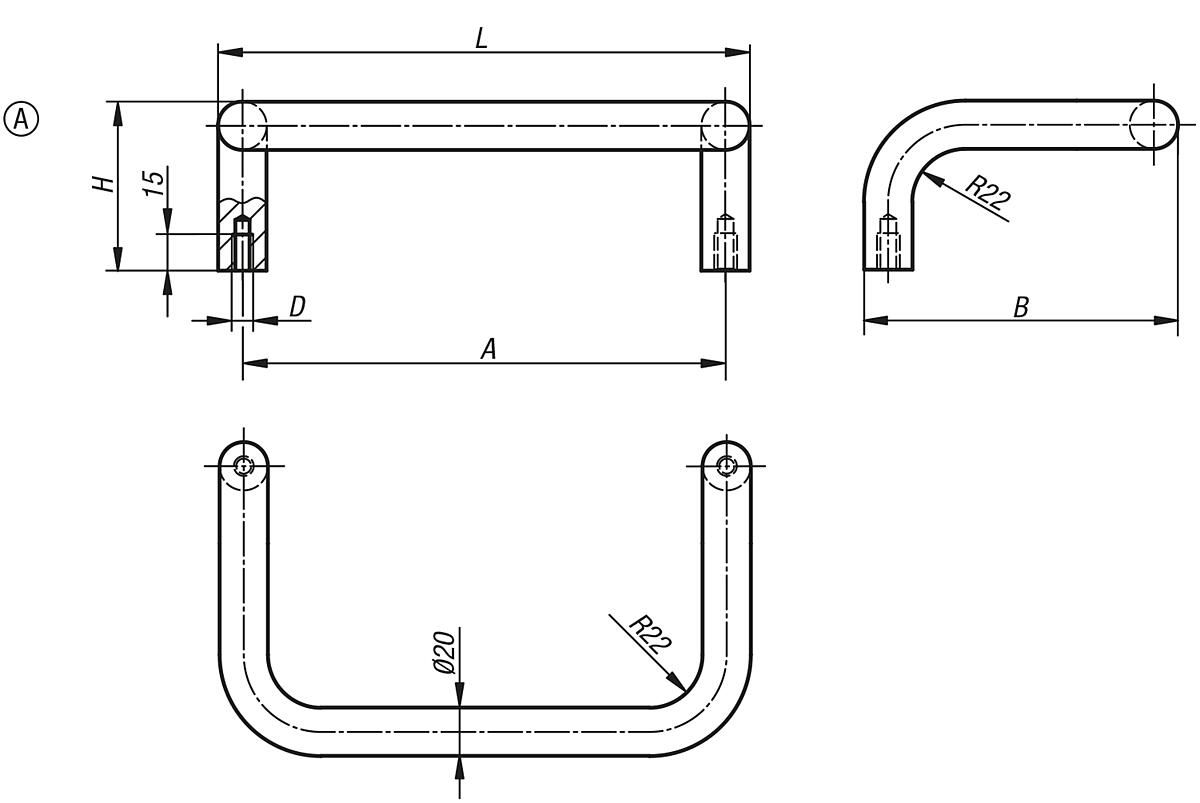 Norelem 06946-350081 MASCHINENGRIFF FORM A, A=350, MATT VERCHROMT - NLM 06946-A Maschinengriffe - Form A - Massblatt