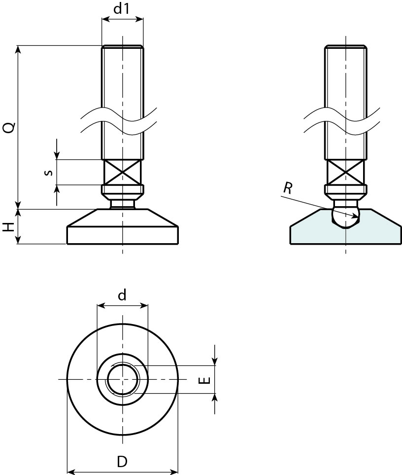 Leschhorn P814 P913C Gelenkfüße  D 32; d 15,5; Gewinde d1 M12; Kunststoff PA, schwarz, - Boteco P814 Gelenkfuesse