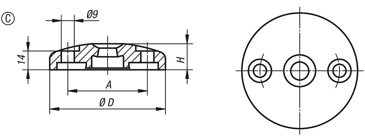 Kipp K0425.31001 TELLER F. STELLFUSS FORM C, - K0425-C Teller fuer Stellfuesse aus Zinkdruckguss oder Edelstahl - Form C - Massblatt