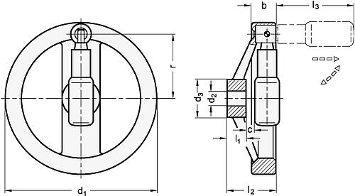 Ganter 322.3-160-B16-R UMLEGGRIFF HANDRAD MIT GRIFF GN 798.3 - GN 322-3 Umleggriff Handraeder - Griff arretiert-Skizze