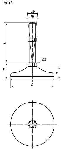 Kipp K0739.1212024X150 STELLFUß, FORM:A M24X150, D=120, EDELSTAHL, KOMP:GUMMI - KIPP K0739-A Stellfuesse Stahl oder Edelstahl Form A - Skizze