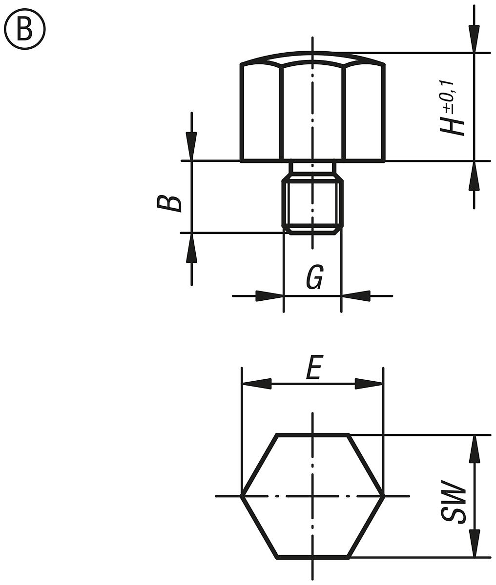 Norelem 02040-2101 POSITIONSFUß, FORM:B, AUTOM.STAHL BRÜN. U. EINSATZGEHÄRTET, SW=17 - NLM 02040-B Positionsfuesse mit Aussengewinde Form B - Massblatt