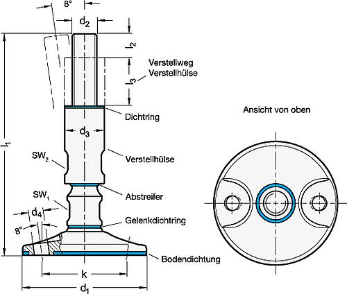 Ganter 20-100-M16-175-B Edelstahl Stellfüße mit Befestigungsbohrungen, Hygienic Design - GN 20 Edelstahl Stellfuesse mit Befestigungsbohrungen - Hygienic Design-Skizze