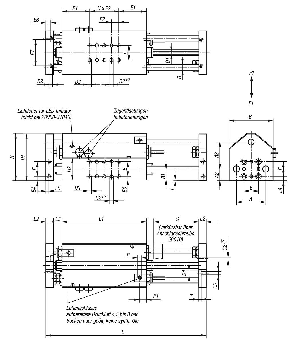 Norelem 20000-32060 LINEARMODUL PNEUMATISCH GR.2,C=60, MIT DREI RUNDFÜHRUNGEN - NLM 20000 Linearmodule pneumatisch mit drei Rundfuehrungen - Massblatt