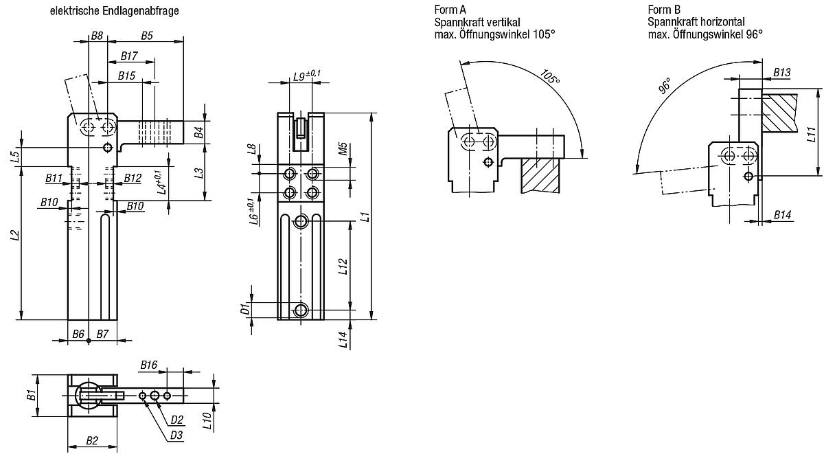 Norelem 05650-0500111 MINISPANNER FORM A, ELEKTRISCHE ENDLAGENABFRAGE - NLM 05650 Minispanner mit elektrischer Endlagenabfrage -Magnet Schalter- - Massblatt