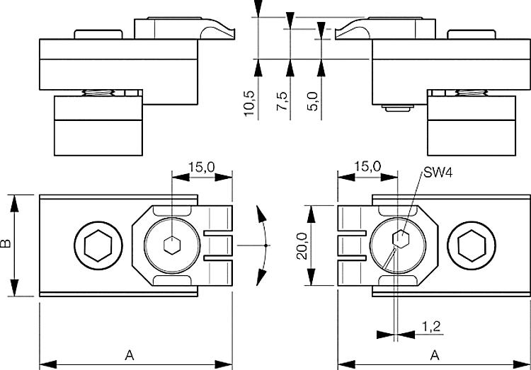AMF 6493N-10 Flachspanner für Nutentische, horizontal, Nut: 10, A: 46, B: 18 - LE 6493N Flachspanner fuer Nutentische - horizontal-Skizze