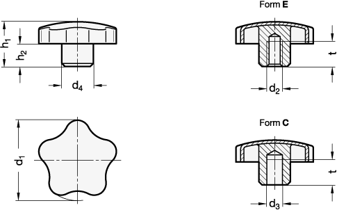 Ganter 5334.4-32-B6-C  Sterngriffe, Edelstahl 1.4404 (A4), Griffdurchmesser d1: 32, Bohrung d3: B 6, Form: C - mit Sackloch H7 - GN 5334-4 Sterngriffe - Edelstahl A4 - Massblatt